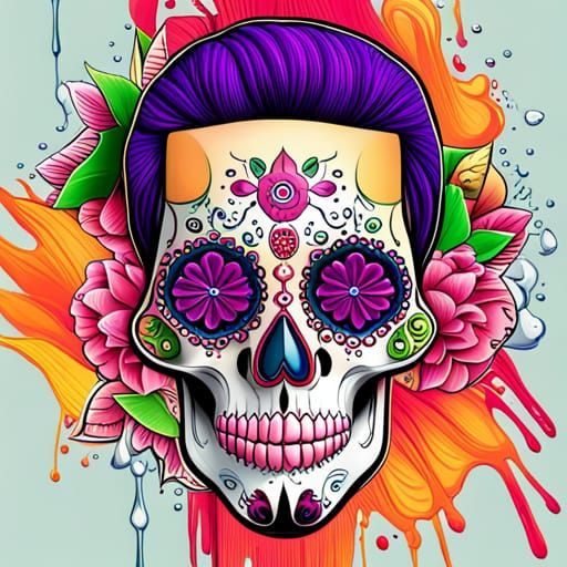 Colorful Cherry Blossom Sugar Skull in Splash Art Style