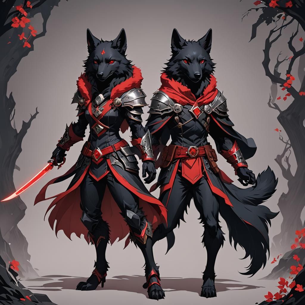 Anime Style Anthropomorphic Wolf Sorceress with Red Highligh...