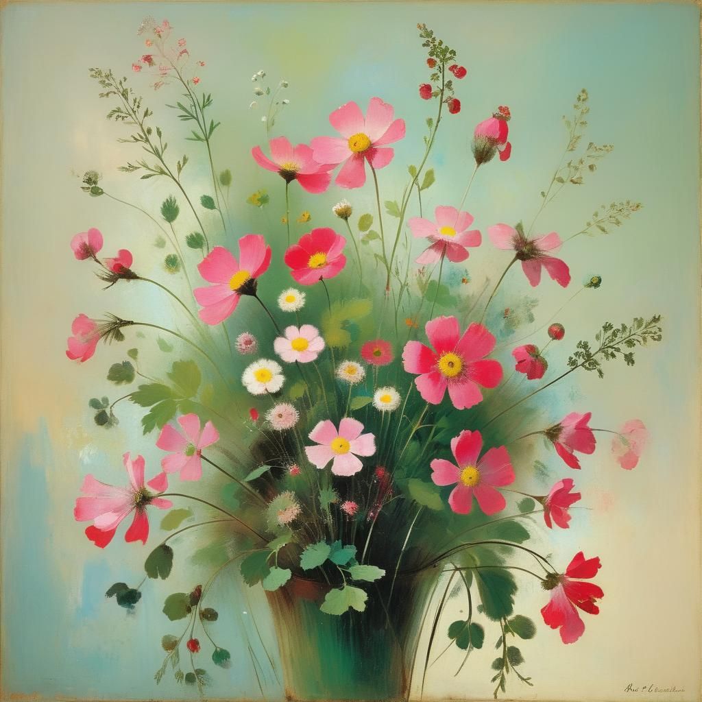 Pink Wildflowers in Symbolist Style