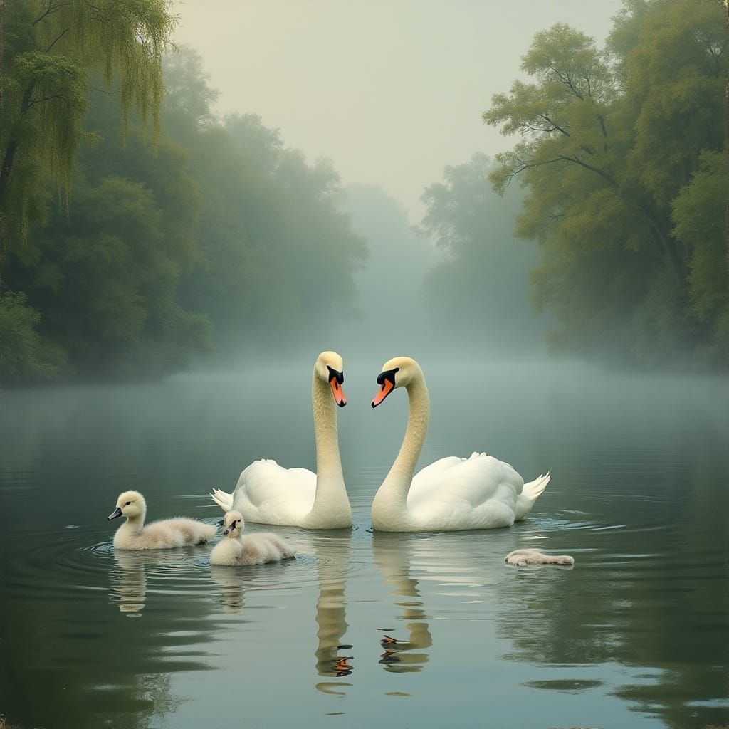 Swans and Cygnets on Misty Lake: Romanticism Style