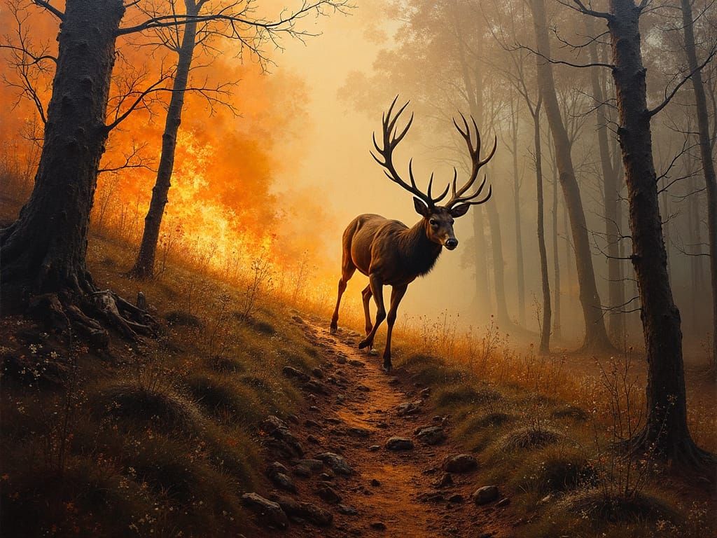 Deer Escaping Forest Fire in Post-Impressionist Oil Painting