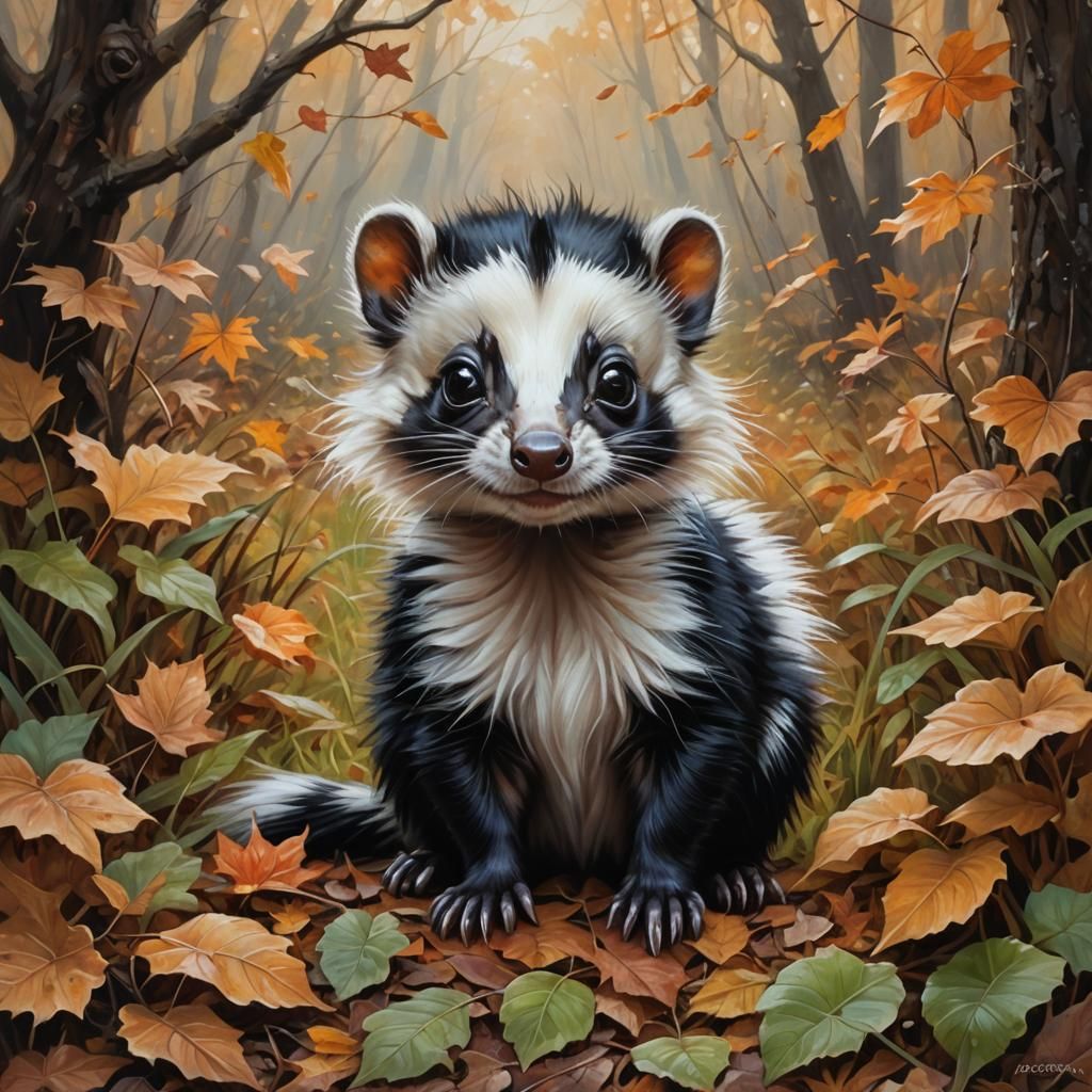 Cute Skunk in Autumn Meadow, Fantasy Art