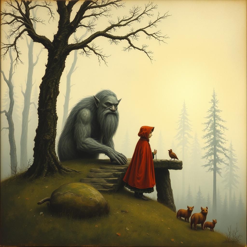Little Red Riding Hood and Troll in Forest