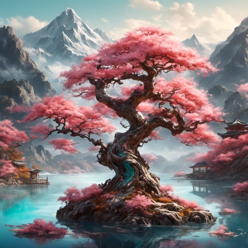 Sakura Tree by Lake with Japanese Temples