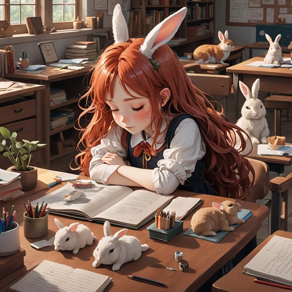 Anime Girl Dreaming of Rabbit Village in 3D