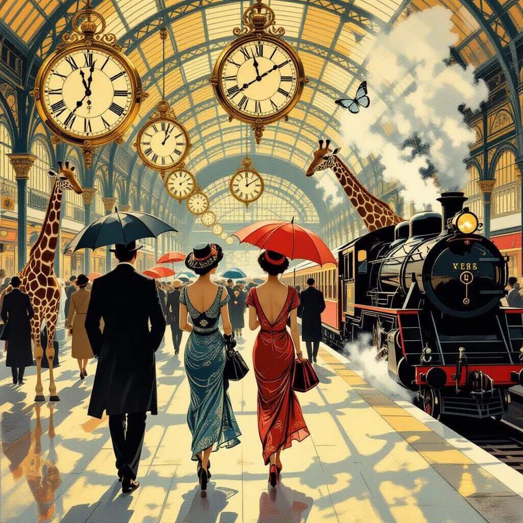 Surreal Train Station Scene in Salvador Dali Style