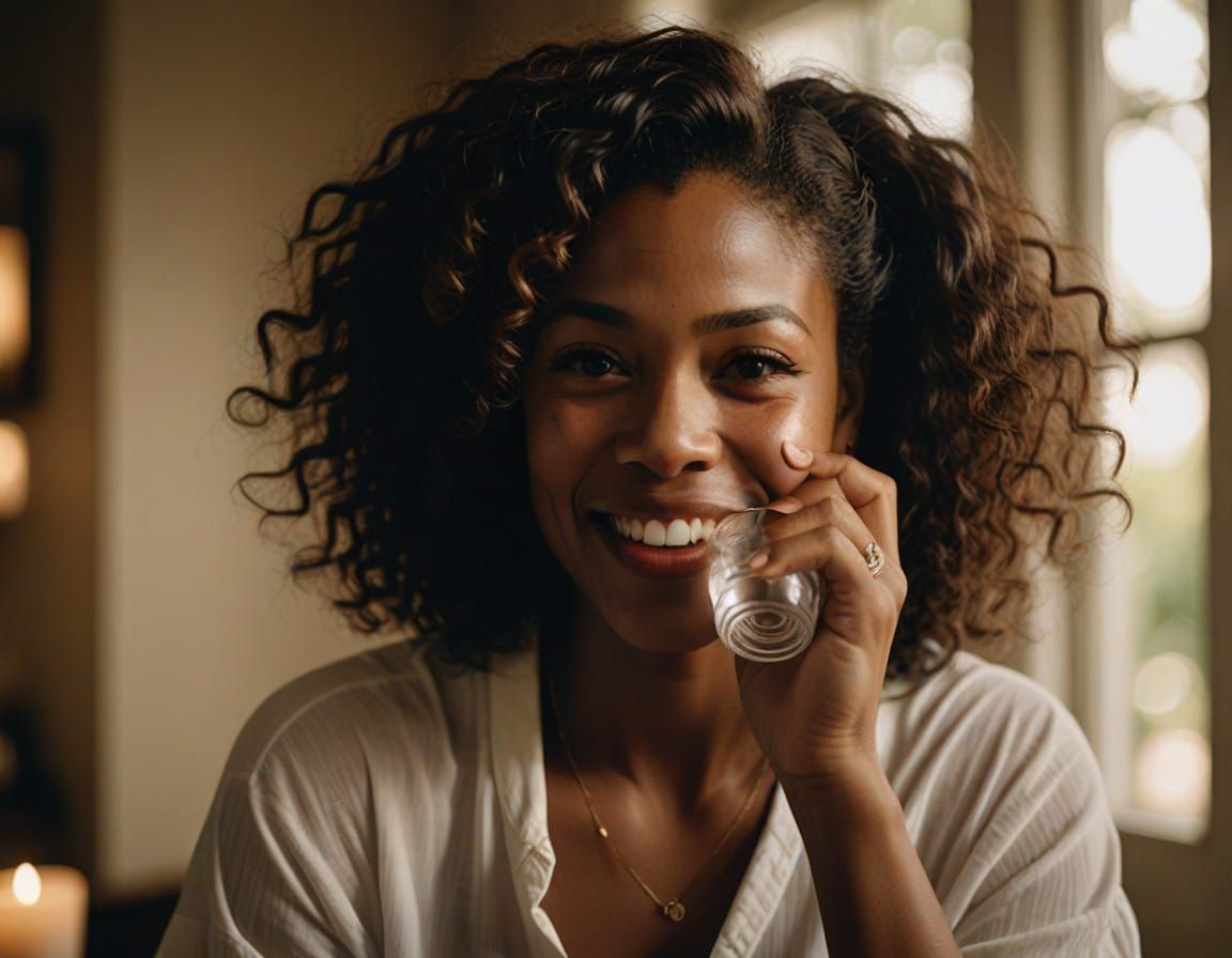 Radiant Woman Sipping Water, Evoking Analog Film