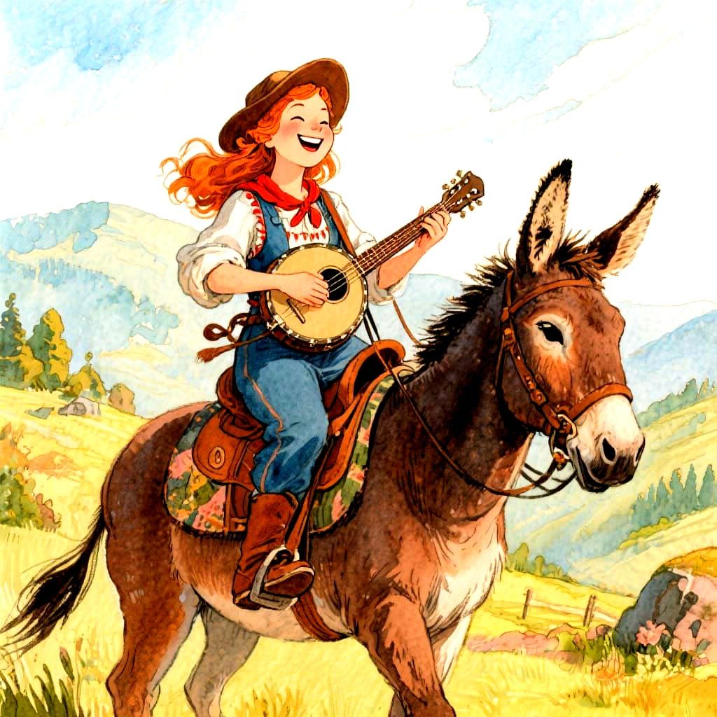 Whimsical Banjo Player on Mule, Watercolor Illustration