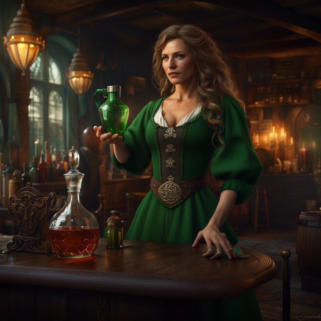 Celtic Woman at Tavern: Detailed Matte Painting