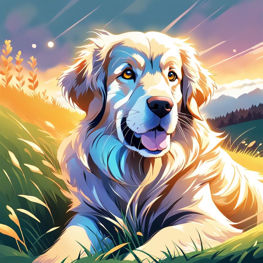 Cute Golden Retriever Portrait in Vibrant Anime Style