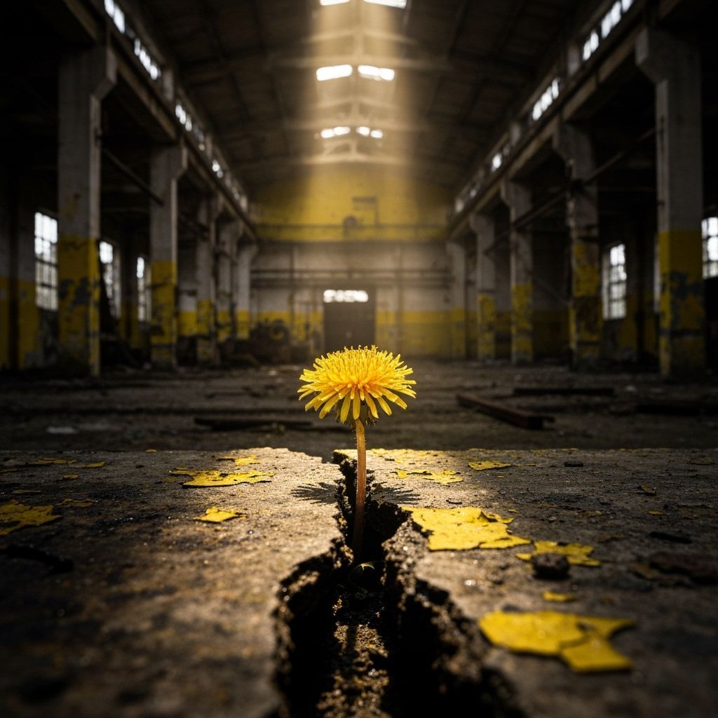 Golden Dandelion Blooms in Abandoned Factory