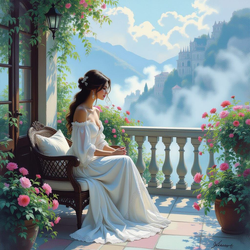 Ethereal Terrace: Detailed Charcoal and Gouache Drawing