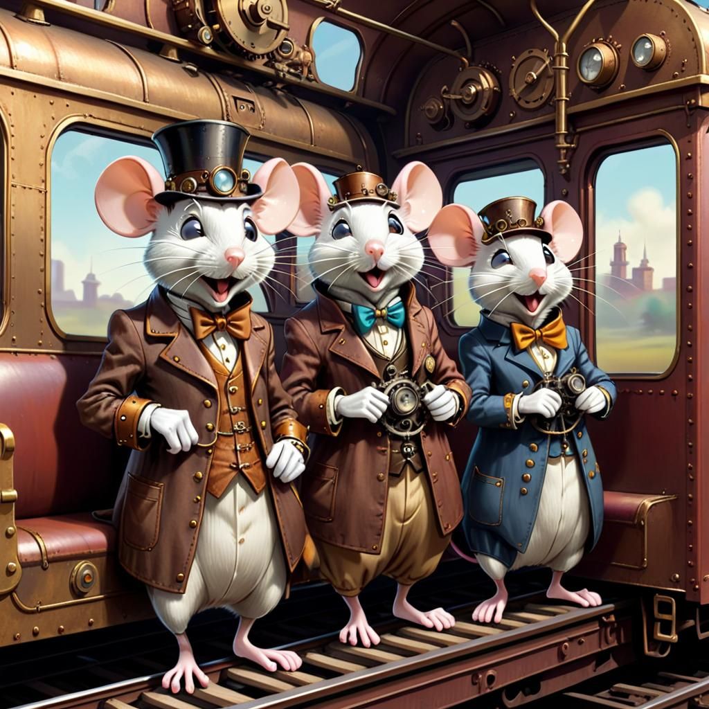 Steampunk Mice Train Engineer in Cartoon Style