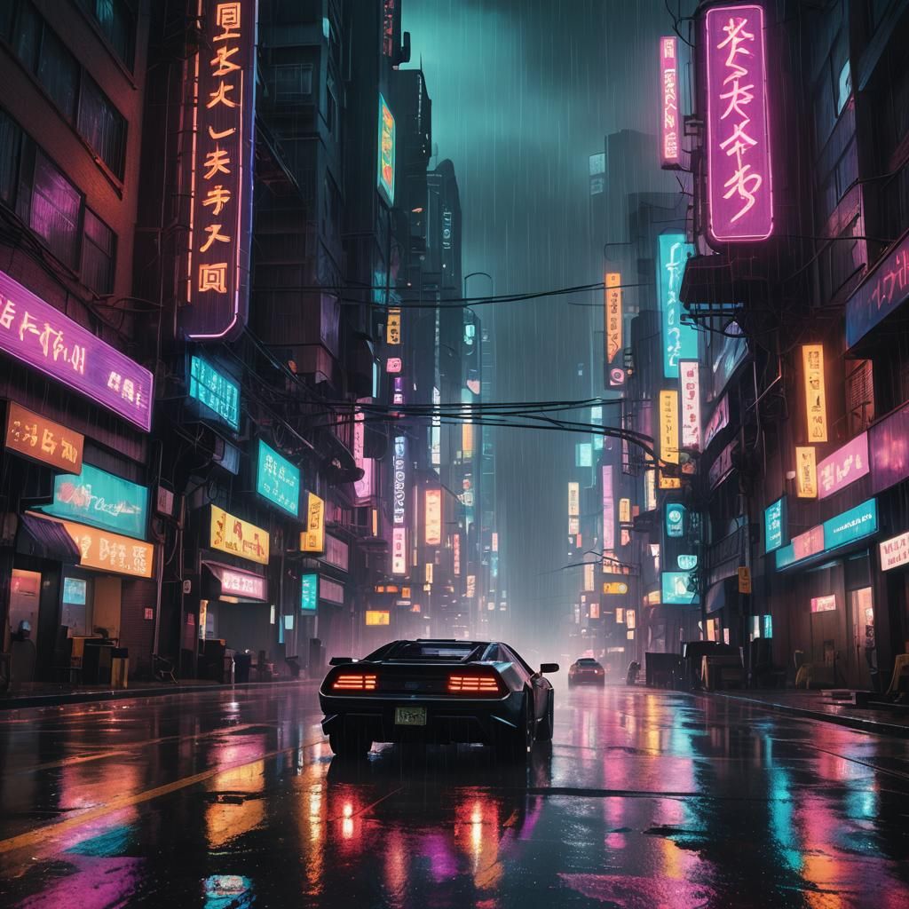 Cyberpunk Car Speeds Through Neon Cityscape