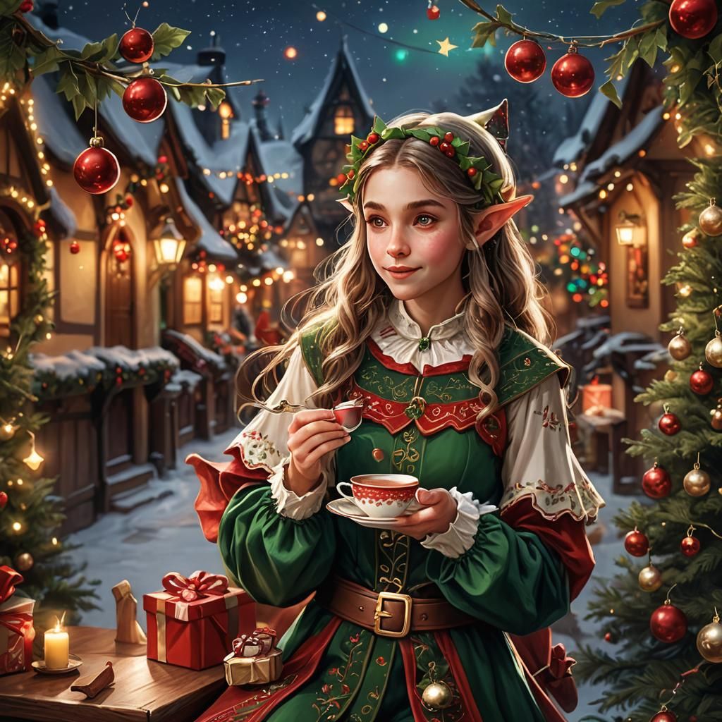 Festive Elf with Christmas Teacup: Fantasy Art