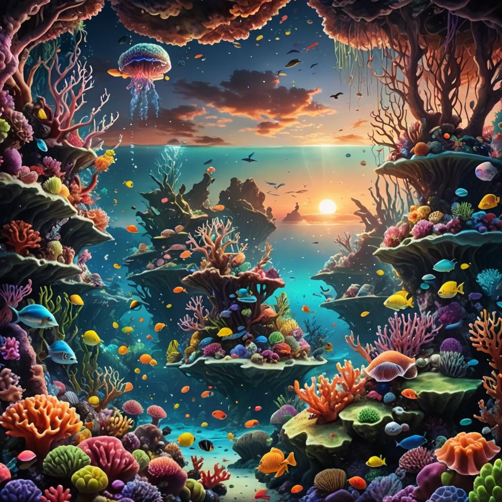 Surreal Undersea World with Colorful Coral Reefs