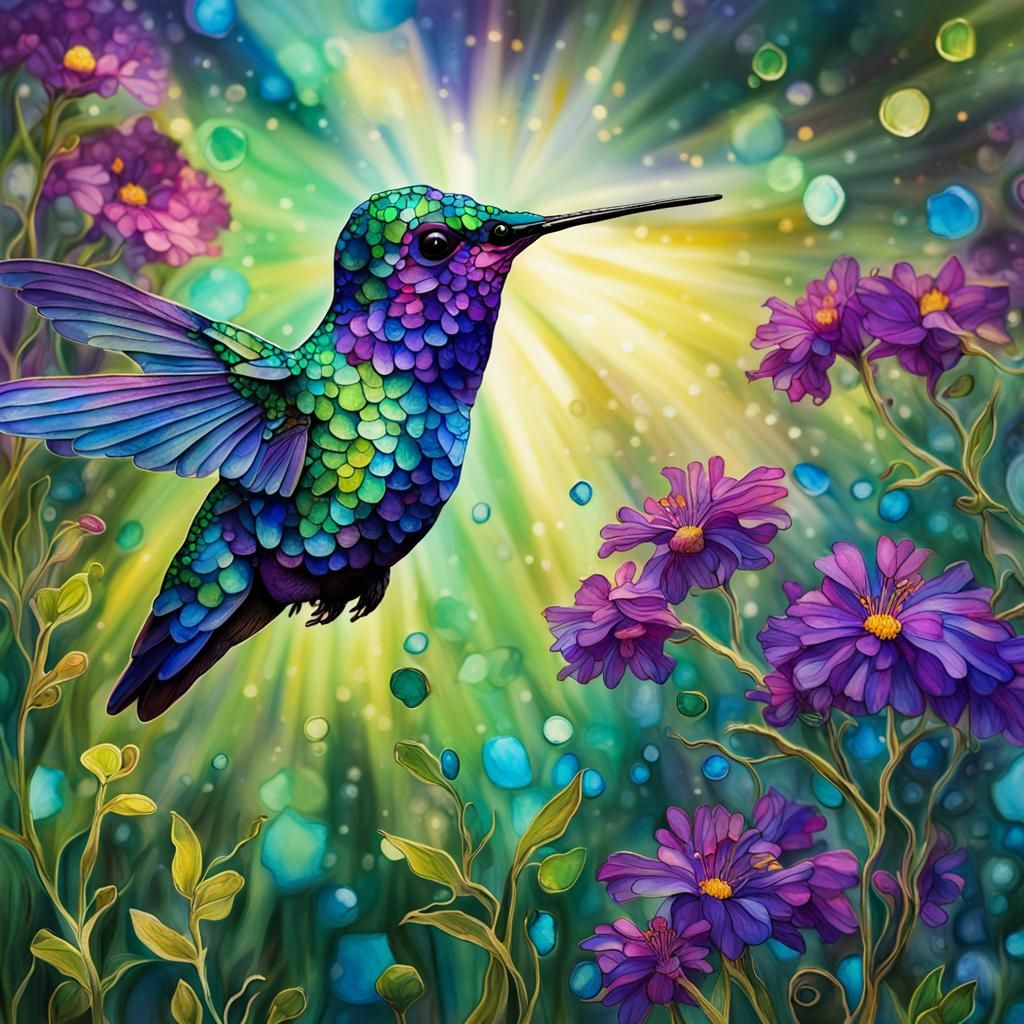 Hummingbird in Klimt Style Wildflower Field