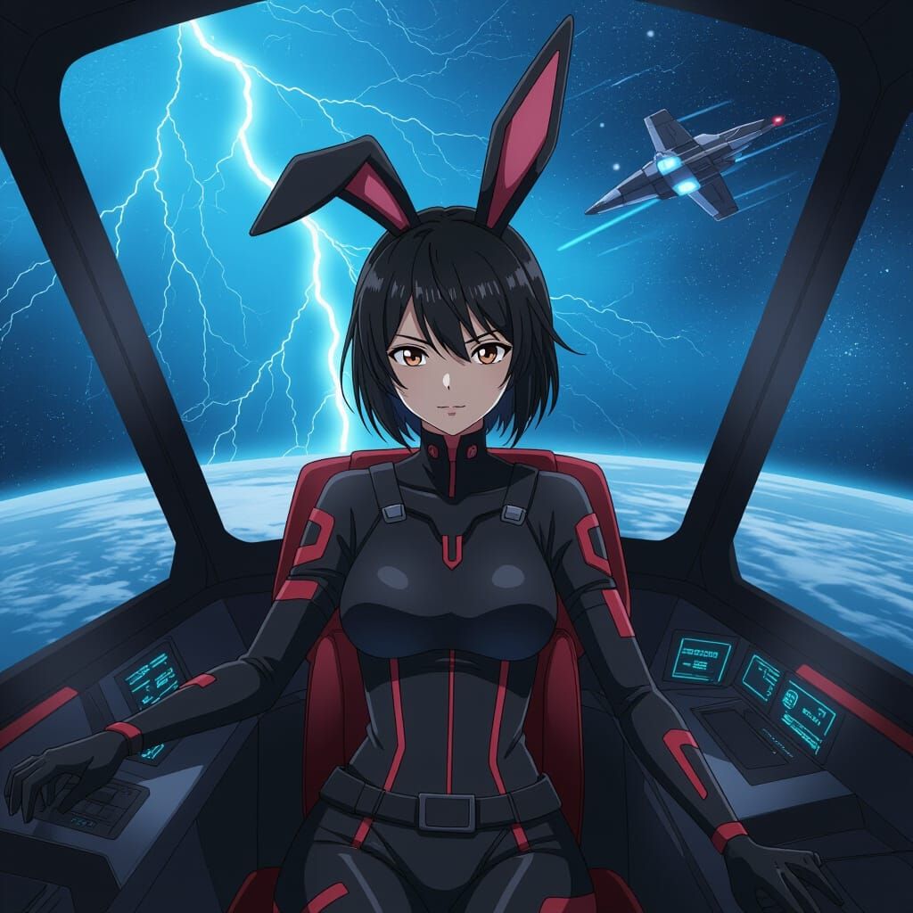 Anime Woman with Rabbit Features Descends to Stormy Planet