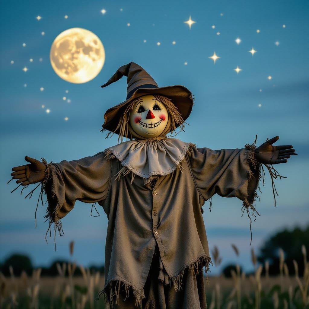 Scarecrow Smiling Under Starry Sky, Whimsical Potter Style
