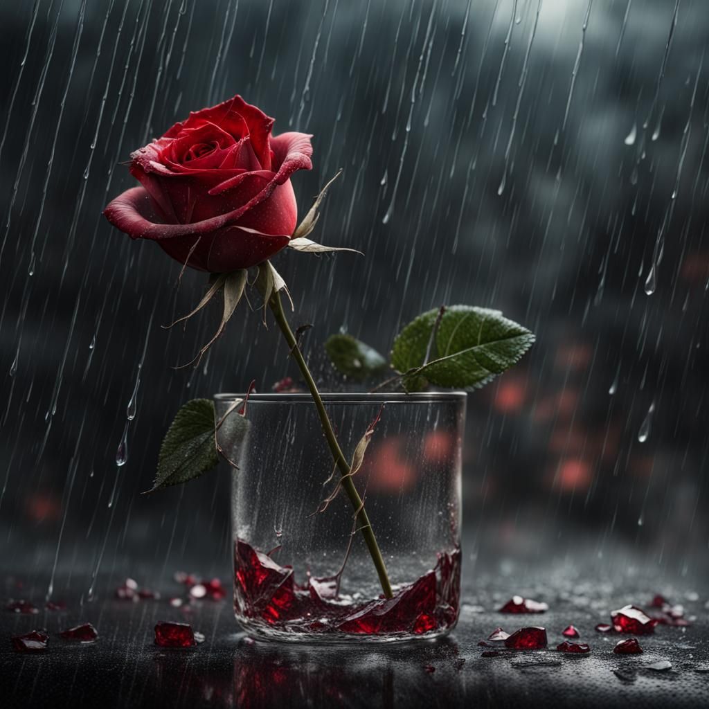 A red rose in a glass everywhere, a dark open setting. With rain and mist.