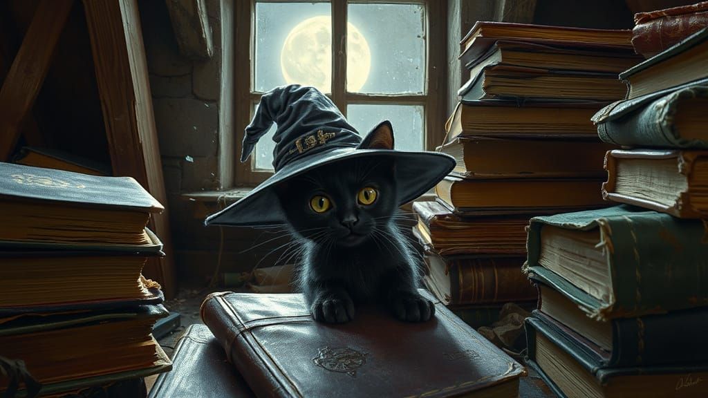 Mischievous Black Cat in Witch Hat Amid Spellbooks