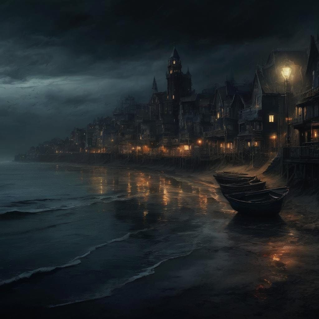 Sinister Seaside City in Dark Impressionism