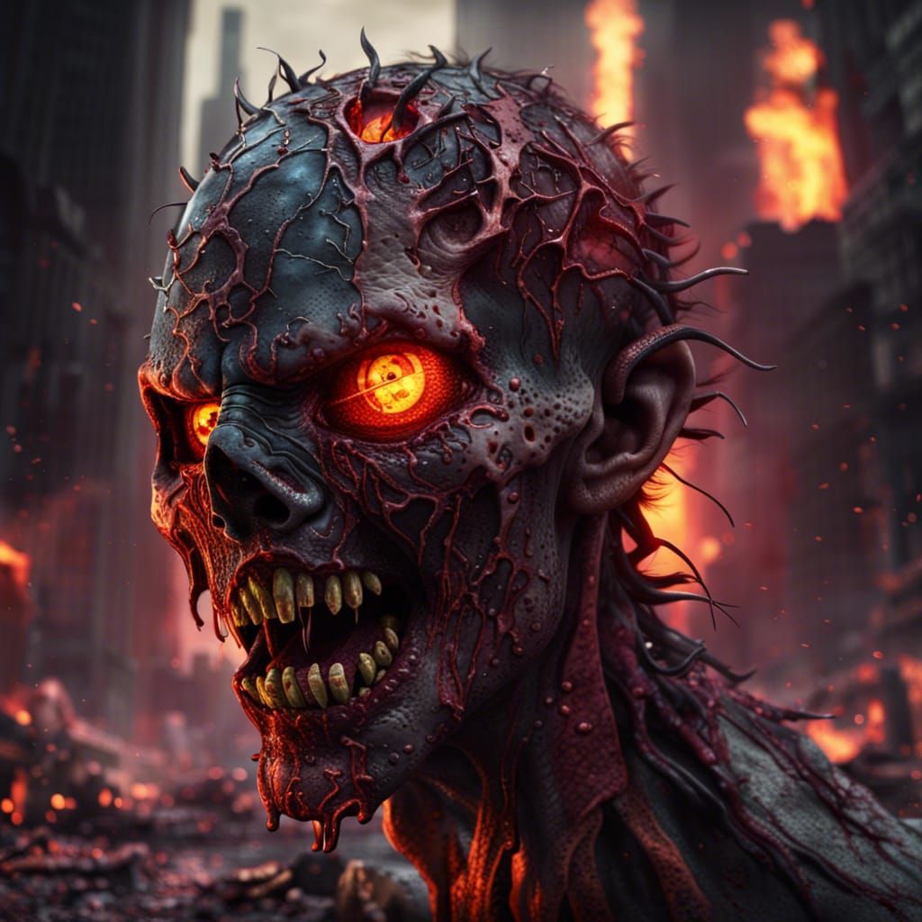 Severed Zombie Head Rages in Burning Cityscape