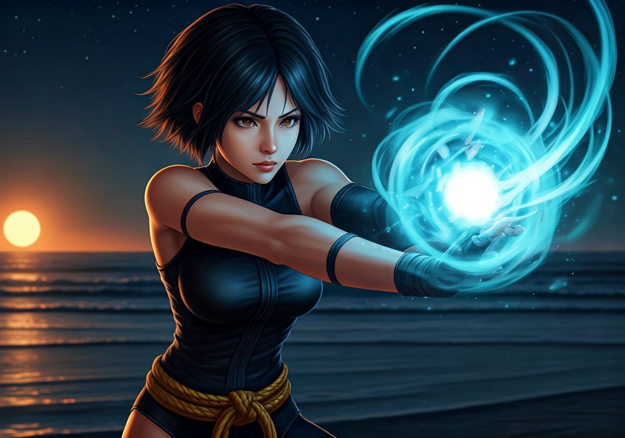 Woman Prepares Blue Hadouken on Night Beach