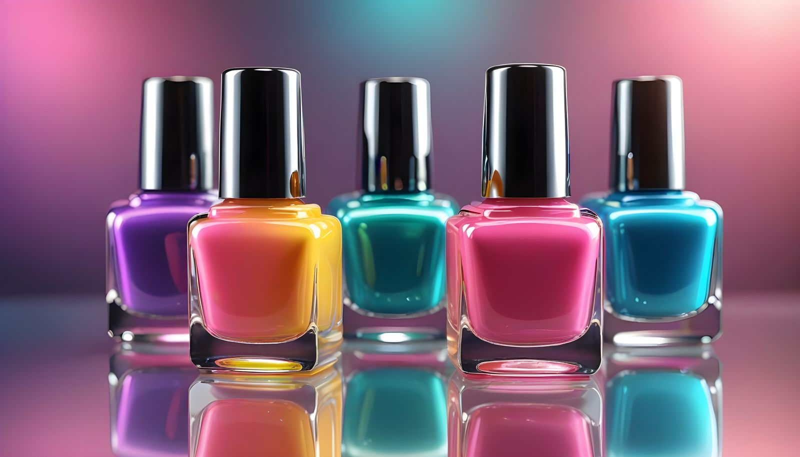 Neon Nail Polish Bottles on Reflective Surface