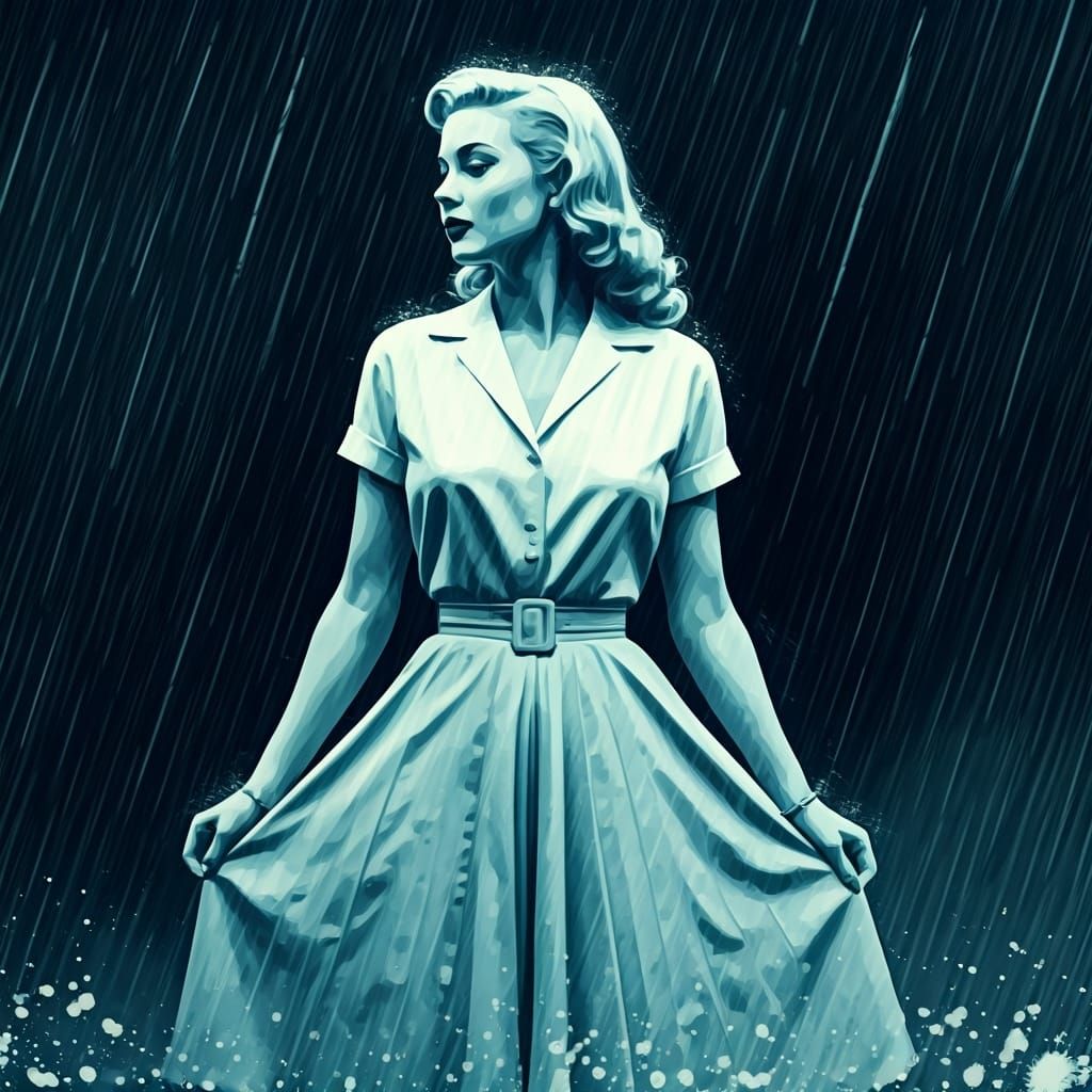 1950s Woman in Rain, Cyanotype Graffiti Art