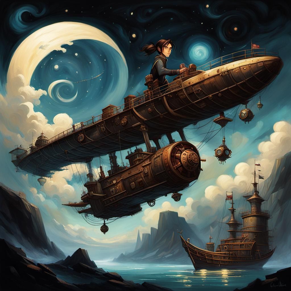 Steampunk Jim Hawkins on Flying Ship, Digital Art