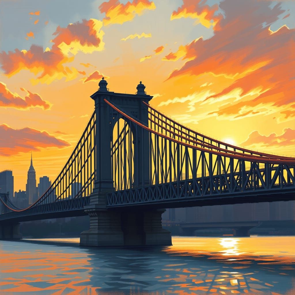 New York City Bridge at Sunset in Impressionist Style