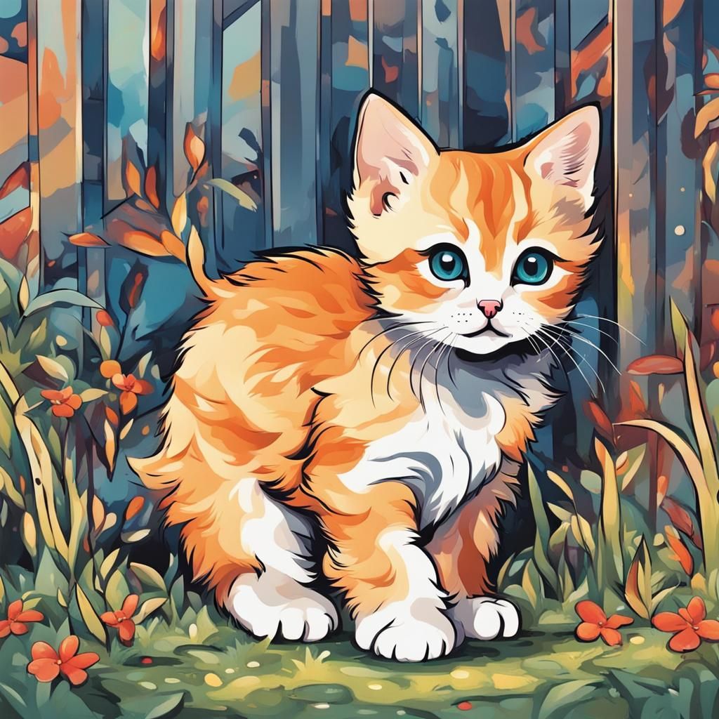 Chibi Kitten Wandering in Abstract Style