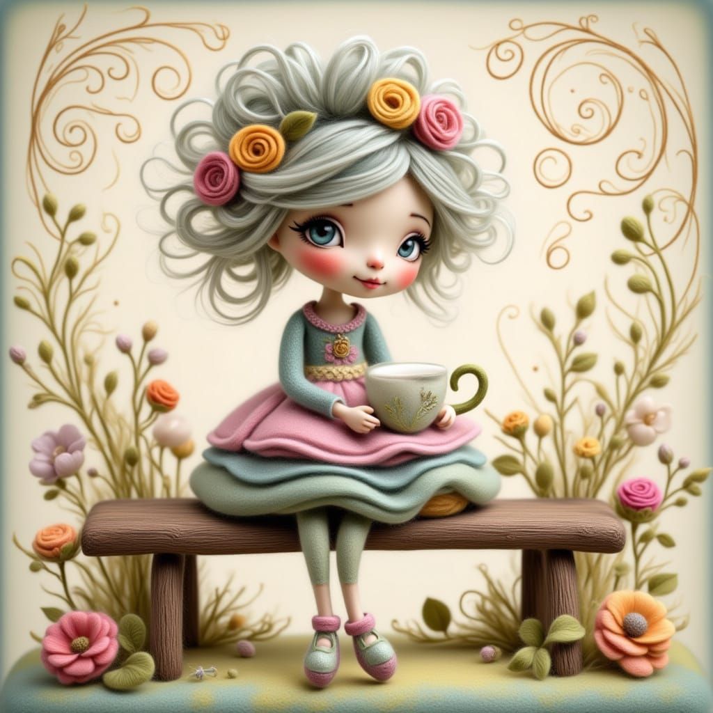 Whimsical Felt Teacup Sprite in Pastel Realism Style