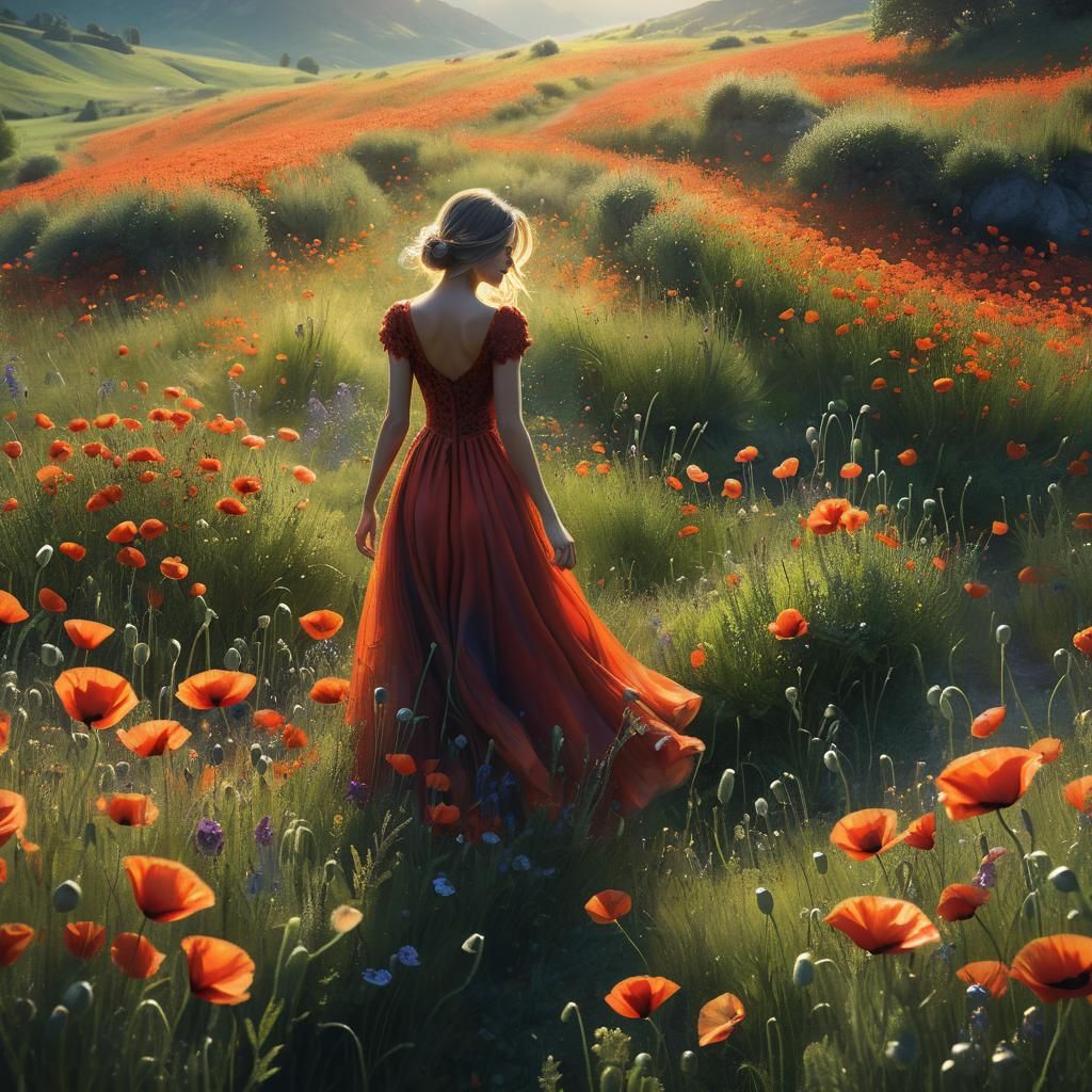 Girl in Poppy Dress: Fantastical Digital Art