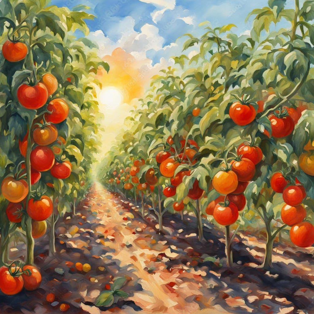 Vibrant Tomato Field Masterpiece in Gouache Style