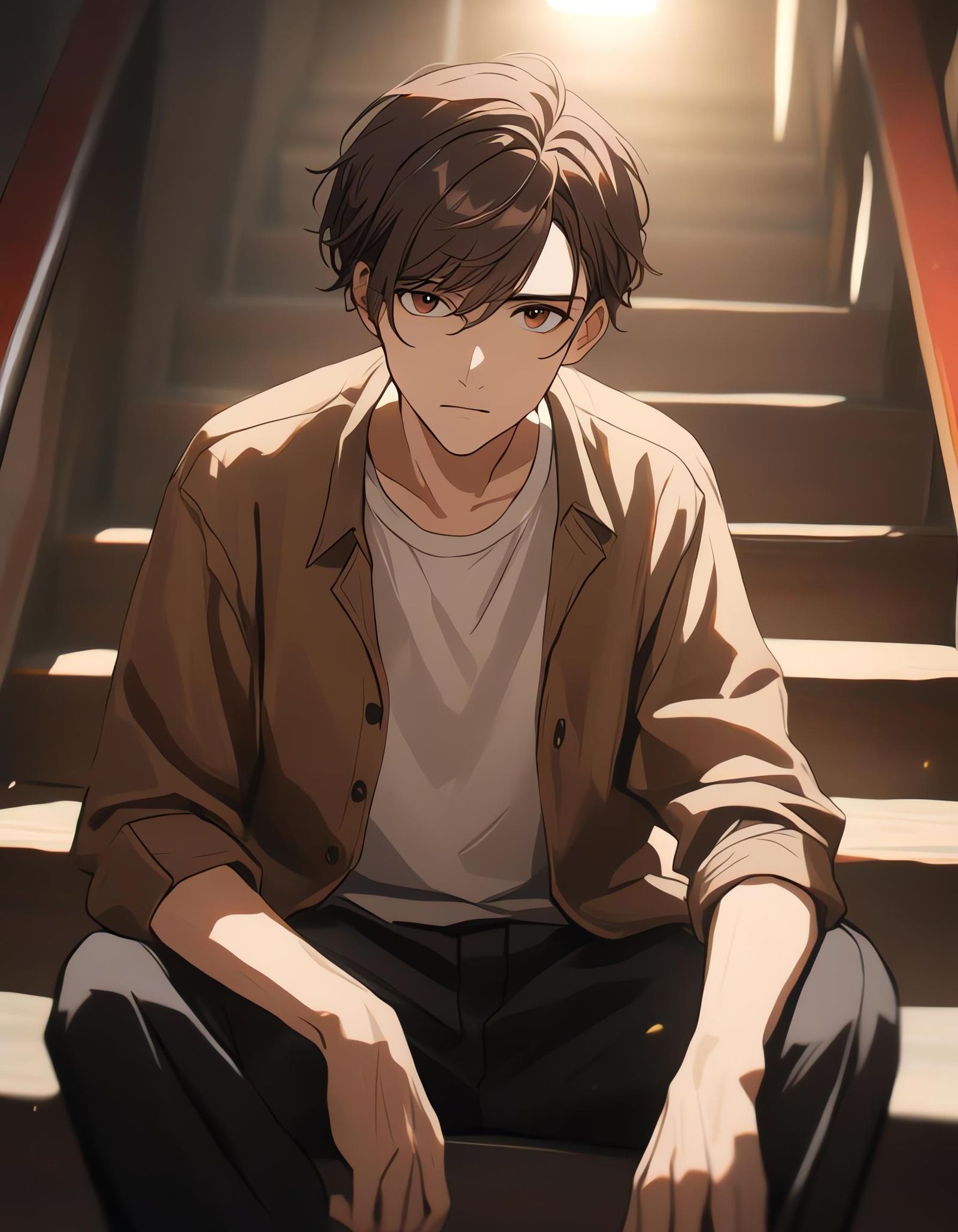 Sad Boy Sitting on Steps in Cinematic Lighting