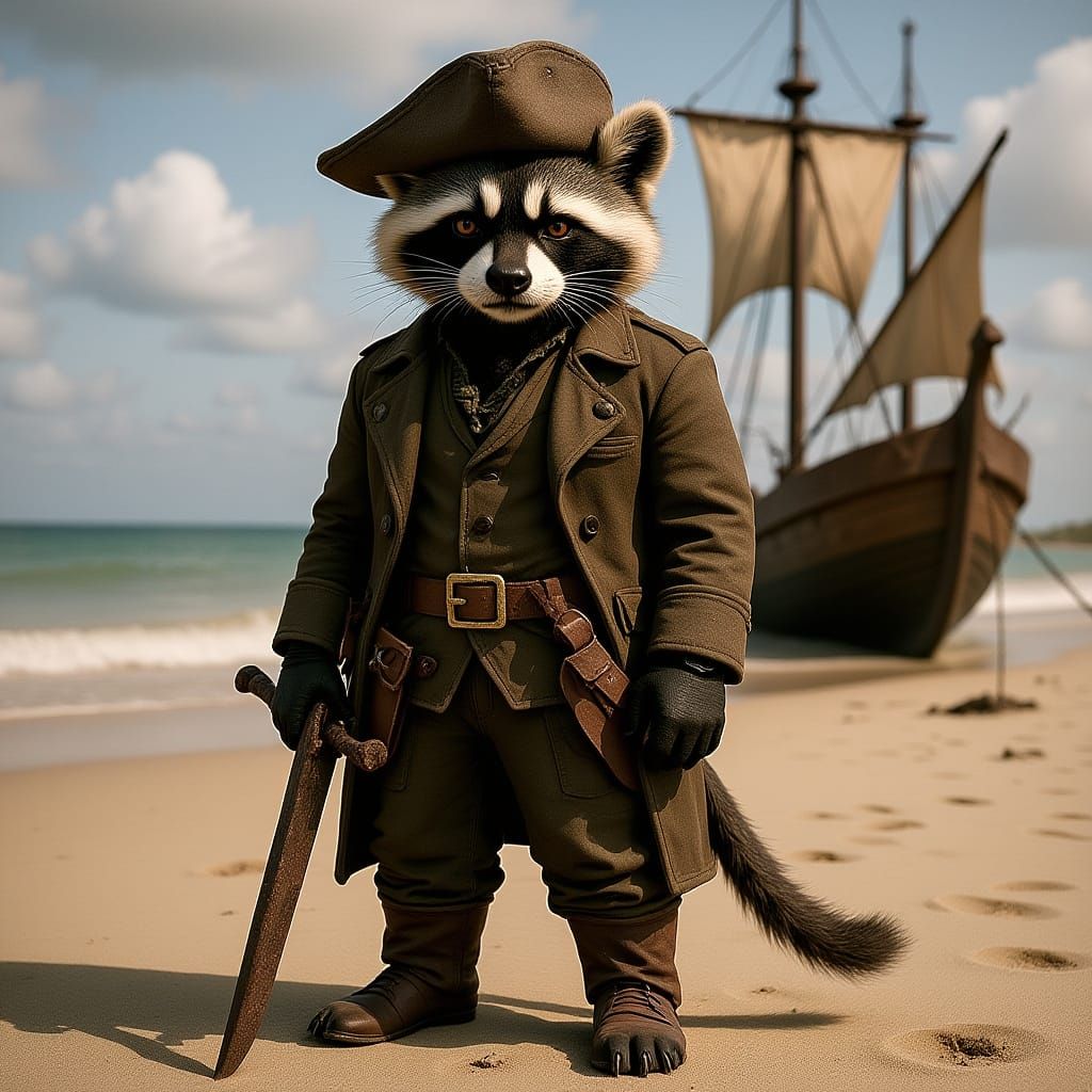 Raccoon Pirate Guards Treasure Map on Sandy Beach