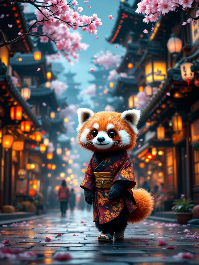 Red Panda in Ornate Kimono Walks Through Fantastical City
