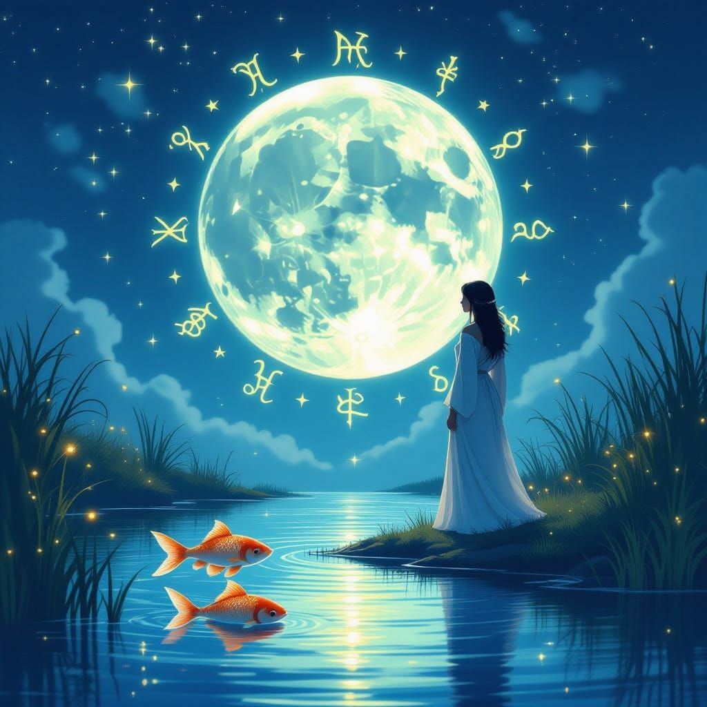 Mystical Pond Scene with Zodiac Symbols
