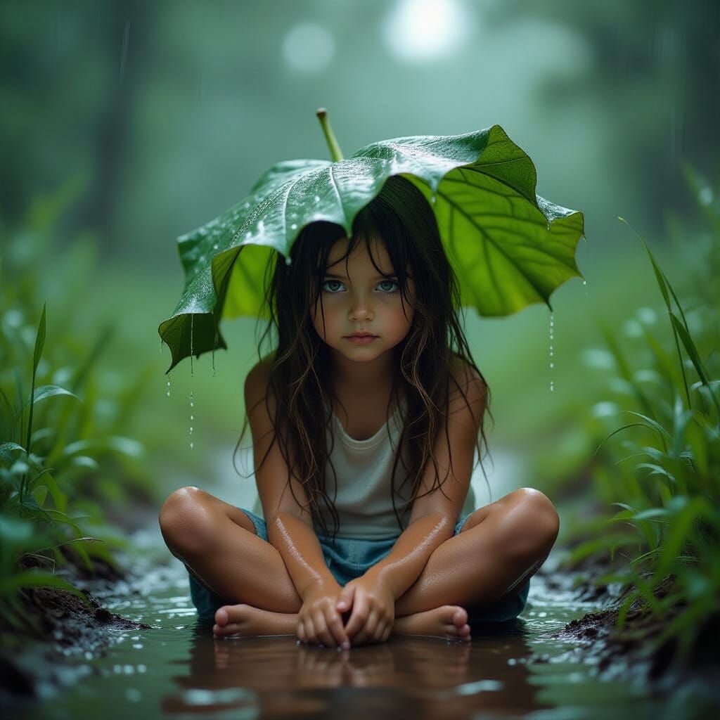 Girl Shelters from Rain: Cinematic Film Still