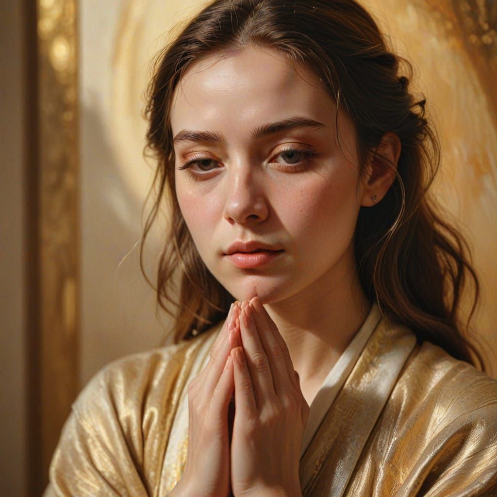 Woman Praying in Golden Light: Surreal Oil Painting
