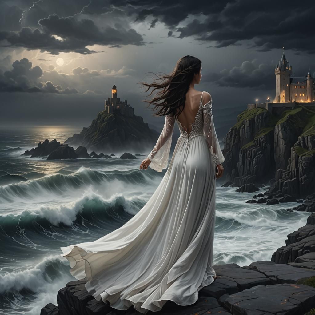 Romanticism Painting of Woman on Cliff at Night