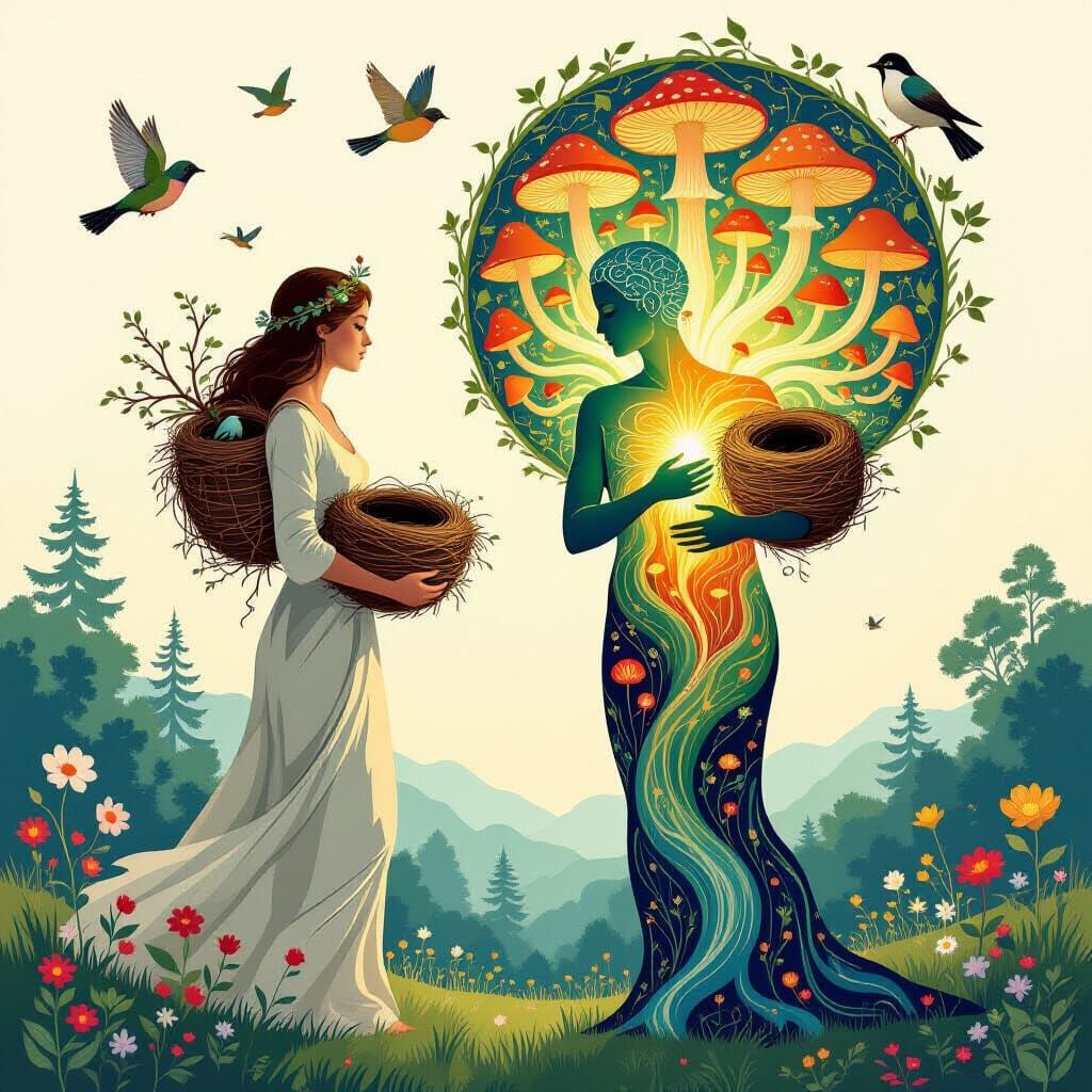 Cosmic Dance: Intertwined Figures in Ethereal Plant Kingdom