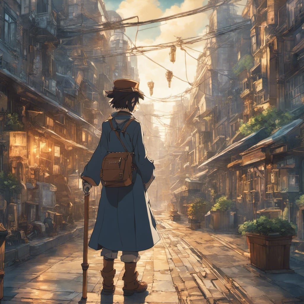 Steampunk Wizard in City, Ghibli Anime Style