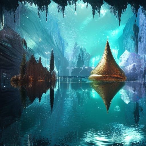 Tinsel Crystal Reflection in Tranquil Pool: Fantasy Art