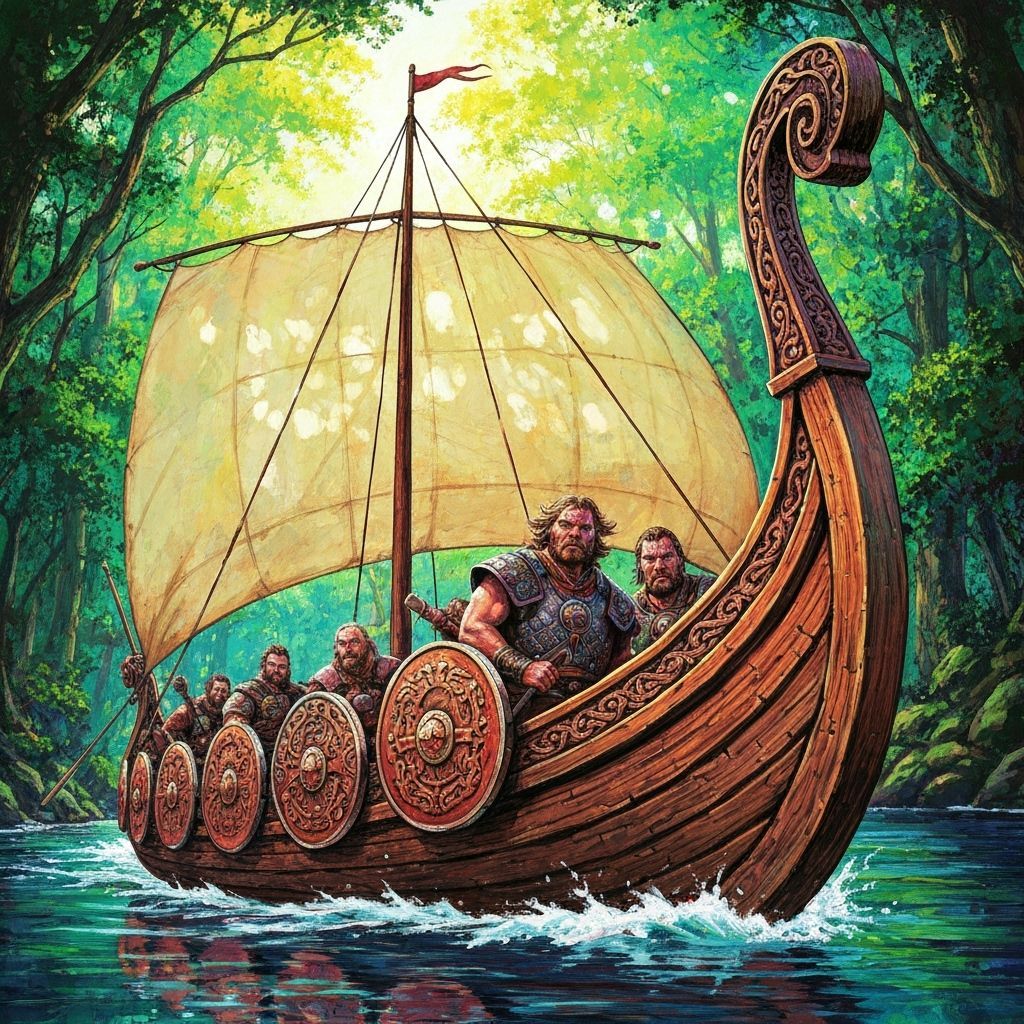 Viking Longship Navigates Lush Forest River in Splash Art St...