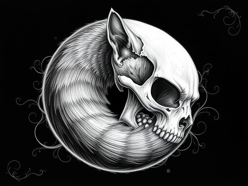 Intricately Rendered Cat-Skull Morph in Hyper-Realistic Blac...