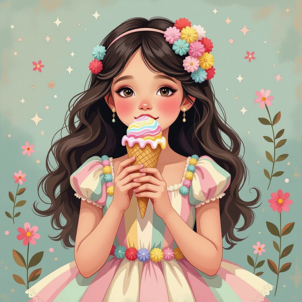Girl in Pom-Pom Dress Eating Ice Cream, Whimsical Art