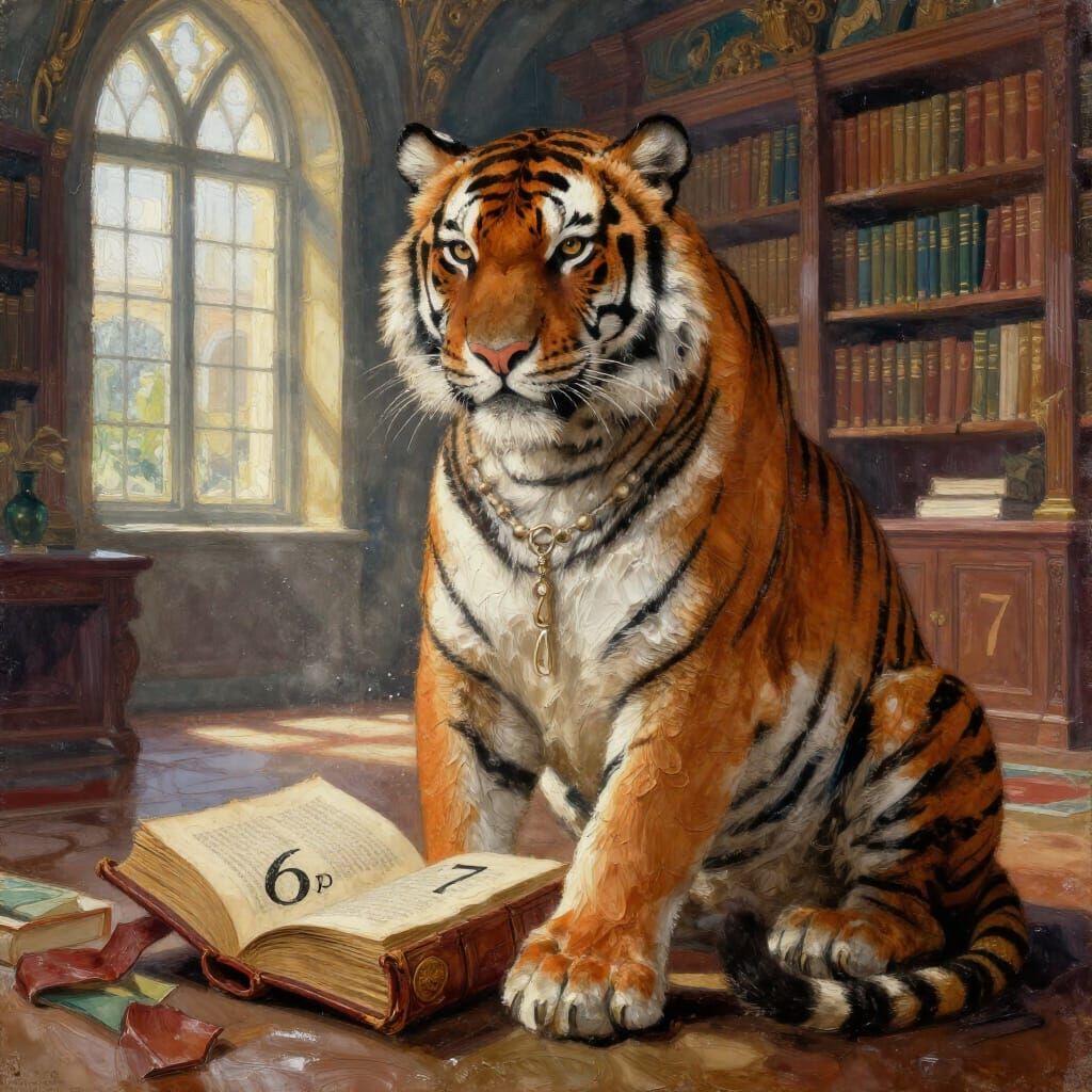 Regal Tiger Reads Ancient Book in Opulent Library
